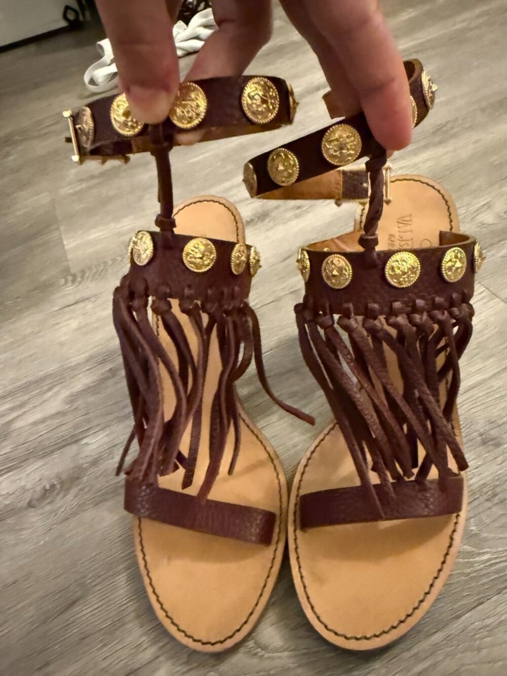 NEW Valentino Brown Chunky Sandals with Gold Coins and Fringe - Size 38 - Picture 3 of 7